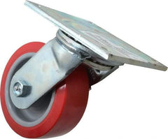 E.R. Wagner - 5" Diam x 2" Wide x 6-1/2" OAH Top Plate Mount Swivel Caster - Polyurethane, 750 Lb Capacity, Roller Bearing, 4 x 4-1/2" Plate - USA Tool & Supply