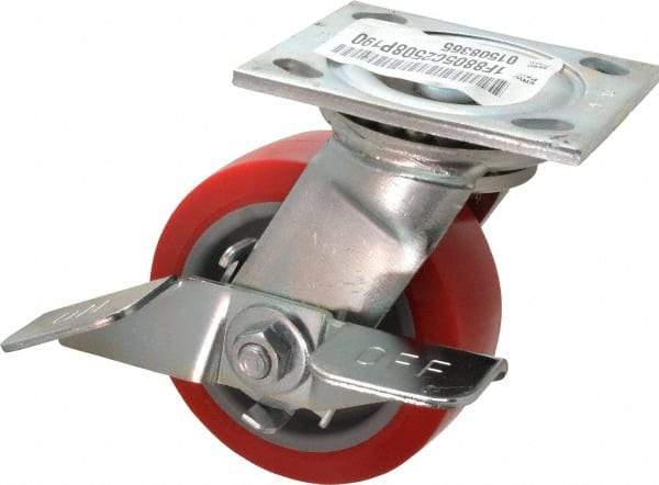 E.R. Wagner - 5" Diam x 2" Wide x 6-1/2" OAH Top Plate Mount Swivel Caster with Brake - Polyurethane, 750 Lb Capacity, Roller Bearing, 4 x 4-1/2" Plate - USA Tool & Supply