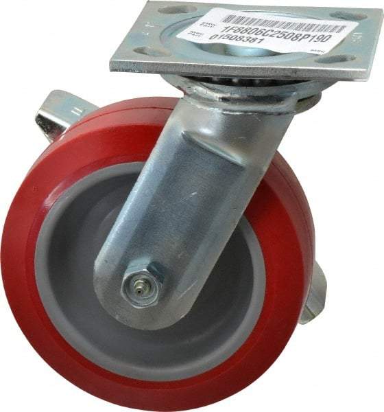E.R. Wagner - 6" Diam x 2" Wide x 7-1/2" OAH Top Plate Mount Swivel Caster with Brake - Polyurethane, 900 Lb Capacity, Roller Bearing, 4 x 4-1/2" Plate - USA Tool & Supply