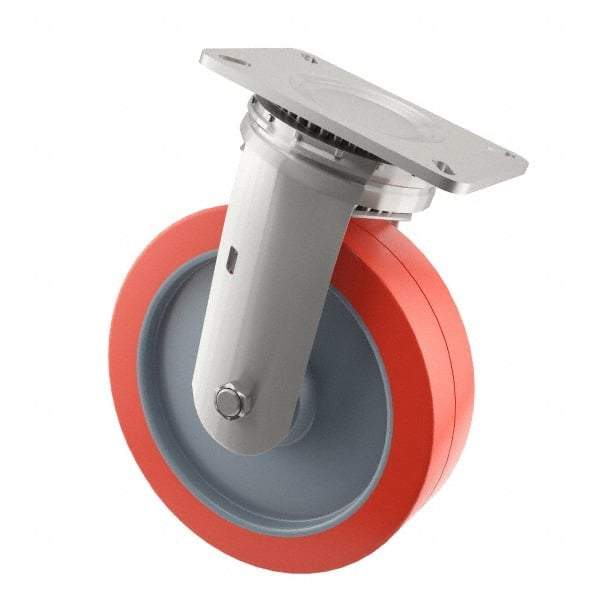 E.R. Wagner - 8" Diam x 2" Wide x 9-1/2" OAH Top Plate Mount Swivel Caster - Polyurethane, 900 Lb Capacity, Roller Bearing, 4 x 4-1/2" Plate - USA Tool & Supply