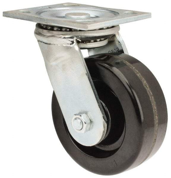 E.R. Wagner - 5" Diam x 2" Wide x 6-1/2" OAH Top Plate Mount Swivel Caster - Phenolic, 1,000 Lb Capacity, Roller Bearing, 4 x 4-1/2" Plate - USA Tool & Supply