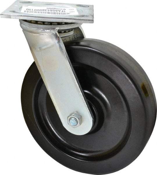 E.R. Wagner - 8" Diam x 2" Wide x 9-1/2" OAH Top Plate Mount Swivel Caster - Phenolic, 1,200 Lb Capacity, Roller Bearing, 4 x 4-1/2" Plate - USA Tool & Supply