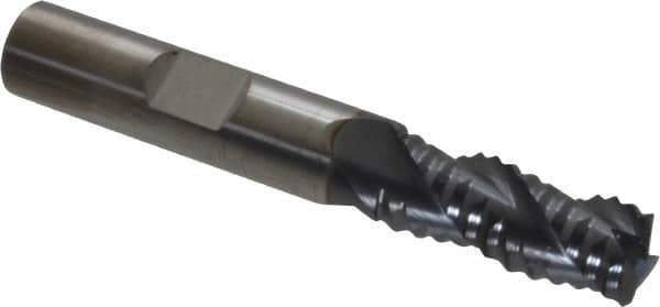 SGS - 3/8" Diam, Coarse Pitch, 7/8" LOC, 3 Flute Solid Carbide 0.06" Corner Radius Roughing End Mill - AlTiN Finish, 2-1/2" OAL, 3/8" Shank Diam, Single End, Centercutting, 40° Helix - USA Tool & Supply