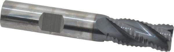 SGS - 1/2" Diam, Coarse Pitch, 1" LOC, 4 Flute Solid Carbide 0.06" Corner Radius Roughing End Mill - AlTiN Finish, 3" OAL, 1/2" Shank Diam, Single End, Centercutting, 30° Helix - USA Tool & Supply