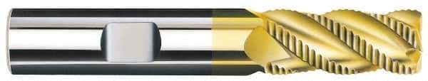 SGS - 3/8" Diam, Coarse Pitch, 7/8" LOC, 3 Flute Solid Carbide 0.06" Corner Radius Roughing End Mill - TiN Finish, 2-1/2" OAL, 3/8" Shank Diam, Single End, Centercutting, 40° Helix - USA Tool & Supply