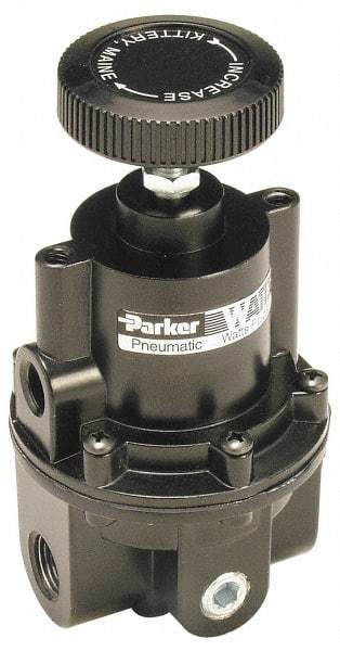 Parker - 3/8 NPT Port, 80 CFM, Aluminum Diaphragm Operated Regulator - 0 to 60 psi Range, 250 Max psi Supply Pressure, 1/4" Gauge Port Thread, 2.06" Wide x 4.35" High - USA Tool & Supply