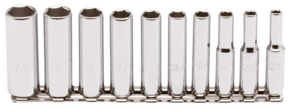 Proto - 10 Piece 1/4" Drive Chrome Finish Deep Well Socket Set - 6 Points, 3/16" to 9/16" Range, Inch Measurement Standard - USA Tool & Supply