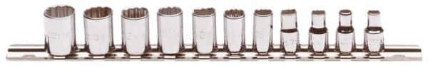 Proto - 11 Piece 1/4" Drive Chrome Finish Socket Set - 12 Points, 5mm to 14mm Range, Metric Measurement Standard - USA Tool & Supply