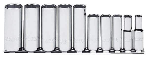 Proto - 10 Piece 3/8" Drive Chrome Finish Deep Well Socket Set - 6 Points, 5/16" to 7/8" Range, Inch Measurement Standard - USA Tool & Supply