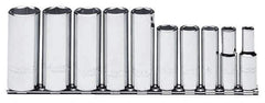 Proto - 10 Piece 3/8" Drive Chrome Finish Deep Well Socket Set - 6 Points, 5/16" to 7/8" Range, Inch Measurement Standard - USA Tool & Supply
