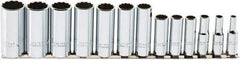 Proto - 13 Piece 3/8" Drive Chrome Finish Deep Well Socket Set - 12 Points, 1/4" to 1" Range, Inch Measurement Standard - USA Tool & Supply