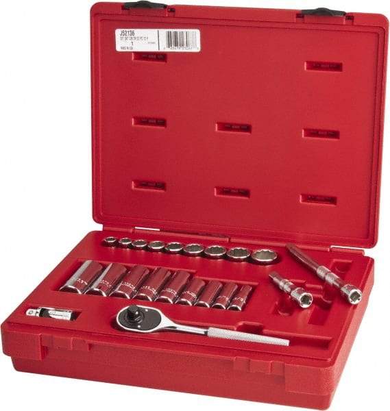 Proto - 22 Piece 3/8" Drive Chrome Finish Deep Well Socket Set - 12 Points, 3/8" to 7/8" Range, Inch Measurement Standard - USA Tool & Supply