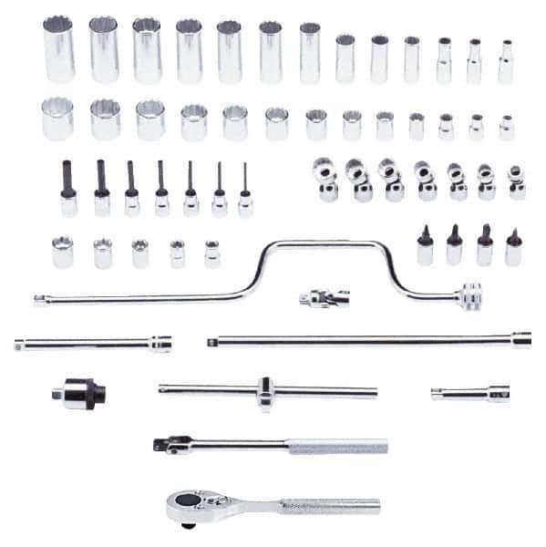 Proto - 58 Piece 3/8" Drive Chrome Finish Deep Well Socket Set - 12 Points, 1/4" to 1" Range, Inch Measurement Standard - USA Tool & Supply