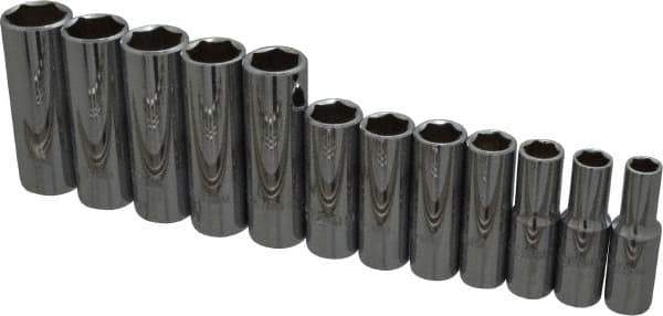 Proto - 12 Piece 3/8" Drive Chrome Finish Deep Well Socket Set - 6 Points, 8mm to 19mm Range, Metric Measurement Standard - USA Tool & Supply