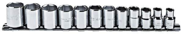 Proto - 12 Piece 3/8" Drive Chrome Finish Socket Set - 6 Points, 8mm to 19mm Range, Metric Measurement Standard - USA Tool & Supply