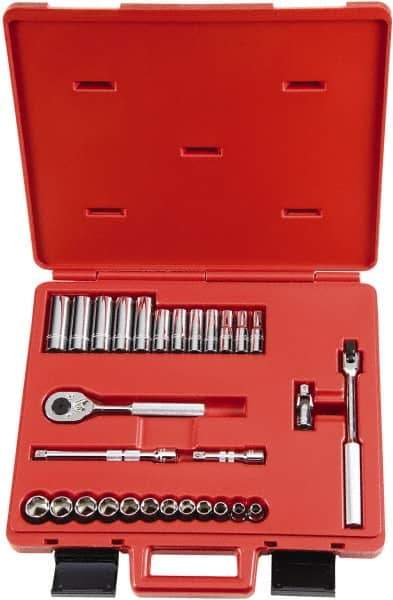 Proto - 29 Piece 3/8" Drive Chrome Finish Deep Well Socket Set - 6 Points, 8mm to 19mm Range, Metric Measurement Standard - USA Tool & Supply