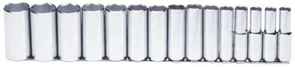 Proto - 15 Piece 1/2" Drive Chrome Finish Deep Well Socket Set - 6 Points, 5/16" to 1-1/4" Range, Inch Measurement Standard - USA Tool & Supply