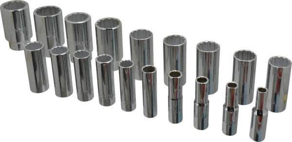 Proto - 19 Piece 1/2" Drive Chrome Finish Deep Well Socket Set - 12 Points, 3/8" to 1-1/2" Range, Inch Measurement Standard - USA Tool & Supply