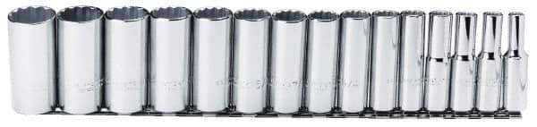 Proto - 15 Piece 1/2" Drive Chrome Finish Deep Well Socket Set - 12 Points, 3/8" to 1-1/4" Range, Inch Measurement Standard - USA Tool & Supply