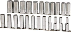 Proto - 23 Piece 1/2" Drive Chrome Finish Deep Well Socket Set - 12 Points, 10mm to 32mm Range, Metric Measurement Standard - USA Tool & Supply