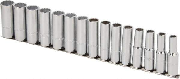 Proto - 15 Piece 1/2" Drive Chrome Finish Deep Well Socket Set - 12 Points, 10mm to 24mm Range, Metric Measurement Standard - USA Tool & Supply