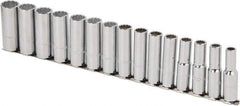 Proto - 15 Piece 1/2" Drive Chrome Finish Deep Well Socket Set - 12 Points, 10mm to 24mm Range, Metric Measurement Standard - USA Tool & Supply