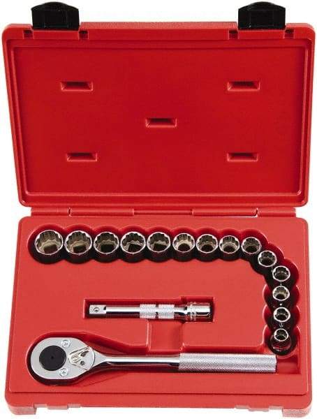 Proto - 16 Piece 1/2" Drive Chrome Finish Socket Set - 12 Points, 10mm to 23mm Range, Metric Measurement Standard - USA Tool & Supply