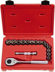 Proto - 16 Piece 1/2" Drive Chrome Finish Socket Set - 12 Points, 10mm to 23mm Range, Metric Measurement Standard - USA Tool & Supply