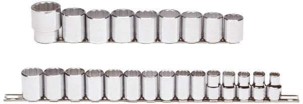 Proto - 24 Piece 1/2" Drive Chrome Finish Socket Set - 12 Points, 10mm to 36mm Range, Metric Measurement Standard - USA Tool & Supply