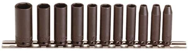 Proto - 11 Piece 1/4" Drive Black Finish Deep Well Impact Socket Set - 6 Points, 3/16" to 5/8" Range, Inch Measurement Standard - USA Tool & Supply
