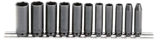 Proto - 11 Piece 1/4" Drive Black Finish Deep Well Impact Socket Set - 6 Points, 5mm to 15mm Range, Metric Measurement Standard - USA Tool & Supply