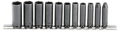 Proto - 11 Piece 1/4" Drive Black Finish Deep Well Impact Socket Set - 6 Points, 5mm to 15mm Range, Metric Measurement Standard - USA Tool & Supply