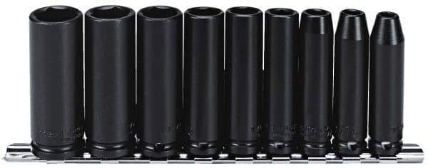 Proto - 9 Piece 3/8" Drive Black Finish Deep Well Impact Socket Set - 6 Points, 1/4" to 3/4" Range, Inch Measurement Standard - USA Tool & Supply