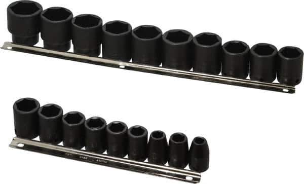 Proto - 19 Piece 1/2" Drive Black Finish Impact Socket Set - 6 Points, 3/8" to 1-1/2" Range, Inch Measurement Standard - USA Tool & Supply