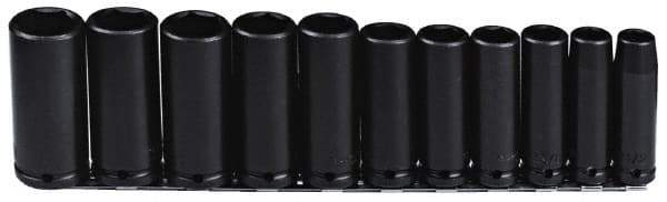 Proto - 11 Piece 1/2" Drive Black Finish Deep Well Impact Socket Set - 6 Points, 1/2" to 1-1/8" Range, Inch Measurement Standard - USA Tool & Supply