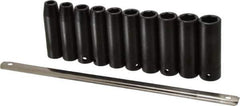 Proto - 10 Piece 1/2" Drive Black Finish Deep Well Impact Socket Set - 6 Points, 10mm to 19mm Range, Metric Measurement Standard - USA Tool & Supply