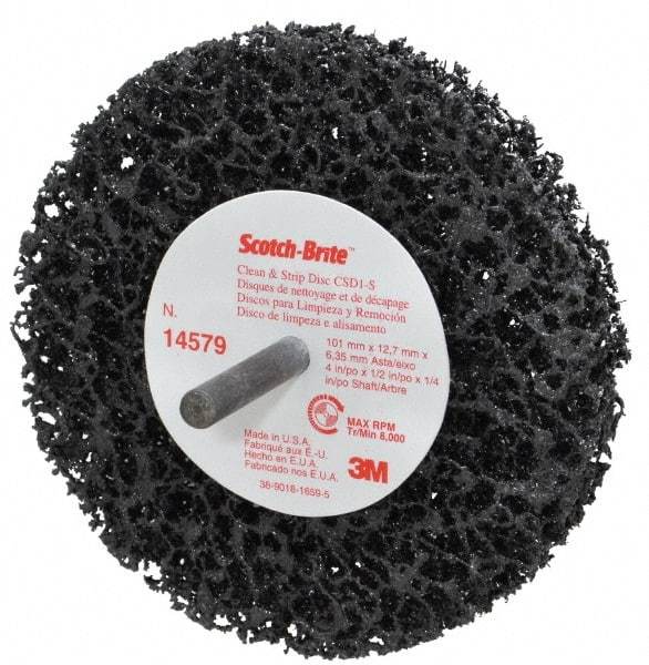 3M - 4" Very Coarse Grade Silicon Carbide Deburring Disc - 1/4" Shank Diam, 1/2" Center Hole, Shank Connection, Black, 8,000 Max RPM - USA Tool & Supply