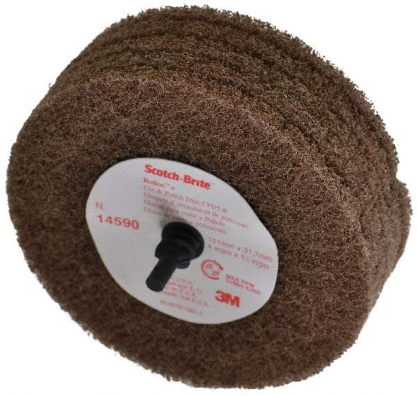 3M - 4" Medium Grade Aluminum Oxide Deburring Disc - 1/4" Shank Diam, Shank Connection, Tan, 6,000 Max RPM - USA Tool & Supply