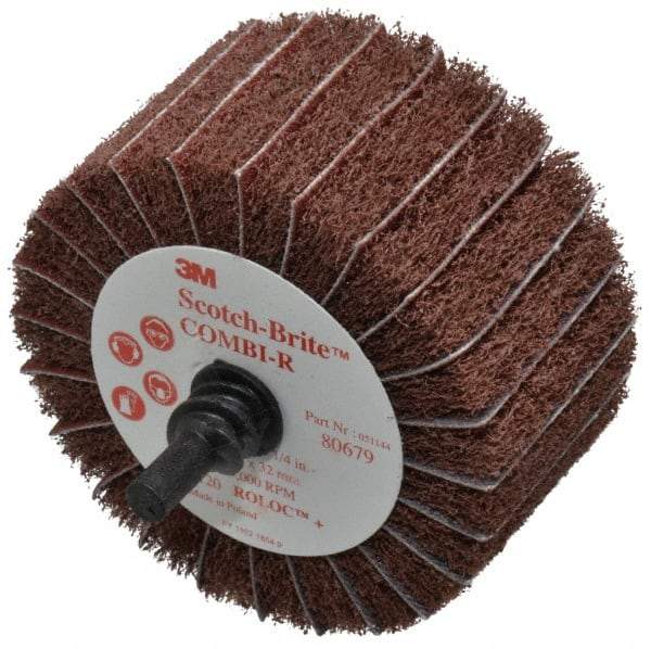 3M - 2-1/2" Diam x 1-1/4" Face Width, Fine Aluminum Oxide Nonwoven & Coated Mounted Flap Wheel - Roloc Mount, 120 Grit, X Weighted Backing, 7,000 Max RPM - USA Tool & Supply