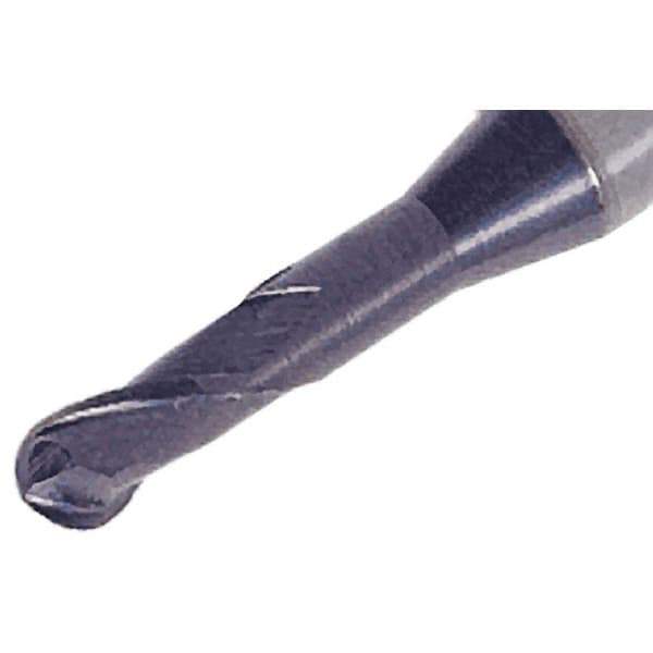 Iscar - 1.4mm Diam, 2.1mm LOC, 2 Flute Solid Carbide Ball End Mill - TiAlN Finish, Single End, 50mm OAL, 4mm Shank Diam, Spiral Flute - USA Tool & Supply