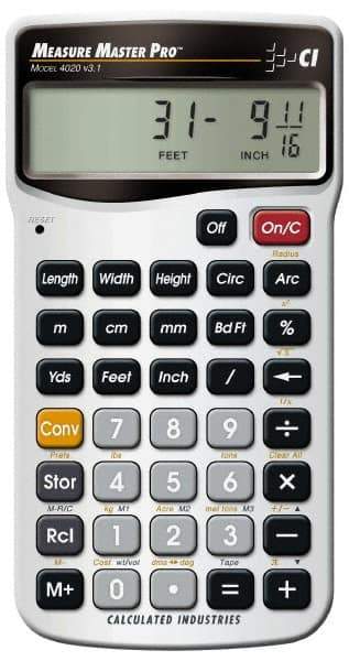 Calculated Industries - 11-Digit (7 normal, 4 Fractions) with Full Annunciators 30 Function Handheld Calculator - 5/8" x 2-1/2" (15.88mm x 63.5mm) Display Size, Silver, LR-44/A76 Powered, 7" Long x 5" Wide x 1" High - USA Tool & Supply