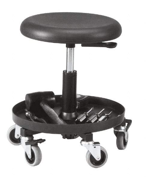 Bevco - 16 to 20-1/4" Hight Maintenance Repair Utility Stool with 16" Plastic Storage Tray - Polyurethane Seat, Black, Five 3" Rubber Wheel Casters - USA Tool & Supply