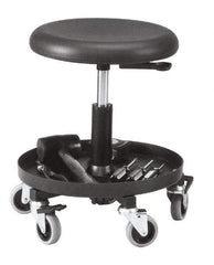 Bevco - 16 to 20-1/4" Hight Maintenance Repair Utility Stool with 16" Plastic Storage Tray - Polyurethane Seat, Black, Five 3" Rubber Wheel Casters - USA Tool & Supply