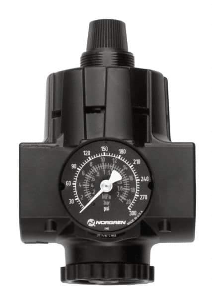 Norgren - 1-1/4 NPT Port, 700 CFM, Zinc Hi-Flow Regulator - 10 to 125 psi Range, 300 Max psi Supply Pressure, 1/2" Gauge Port Thread, 2.91" Wide x 5.37" High - USA Tool & Supply