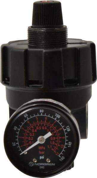 Norgren - 1/4 NPT Port, 200 CFM, Zinc Hi-Flow Regulator - 10 to 125 psi Range, 300 Max psi Supply Pressure, 1/4" Gauge Port Thread, 2.7" Wide x 4.83" High - USA Tool & Supply