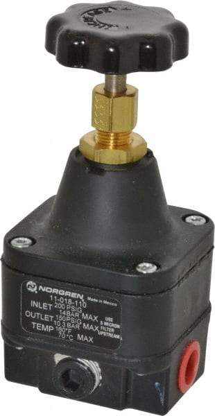 Norgren - 1/4 NPT Port, 12 CFM, Zinc Precision Constant Bleed Regulator - 3 to 150 psi Range, 200 Max psi Supply Pressure, 2.12" Wide x 4.55" High - USA Tool & Supply