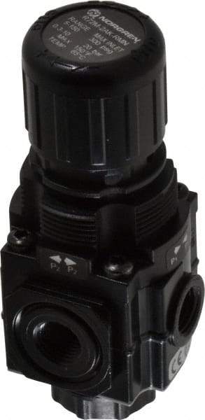 Norgren - 1/4 NPT Port, 83 CFM, Zinc Manifolding Regulator - 5 to 150 psi Range, 290 Max psi Supply Pressure, 1/8" Gauge Port Thread, 1.97" Wide x 4.19" High - USA Tool & Supply