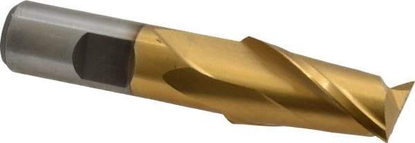 Interstate - 3/4", 1-5/16" LOC, 5/8" Shank Diam, 3-7/16" OAL, 2 Flute, High Speed Steel Square End Mill - Single End, TiN Finish, Spiral Flute, 30° Helix, Centercutting, Right Hand Cut, Right Hand Flute - USA Tool & Supply