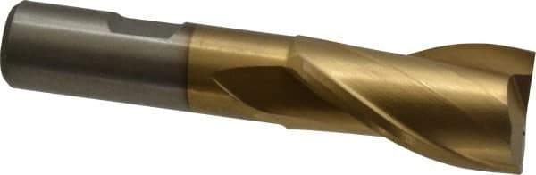 Interstate - 7/8", 1-1/2" LOC, 5/8" Shank Diam, 3-5/8" OAL, 2 Flute, High Speed Steel Square End Mill - Single End, TiN Finish, Spiral Flute, 30° Helix, Centercutting, Right Hand Cut, Right Hand Flute - USA Tool & Supply
