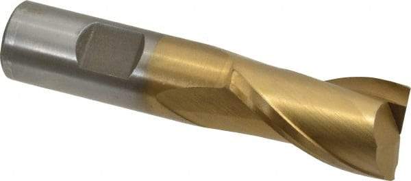 Interstate - 7/8", 1-1/2" LOC, 3/4" Shank Diam, 3-3/4" OAL, 2 Flute, High Speed Steel Square End Mill - Single End, TiN Finish, Spiral Flute, 30° Helix, Centercutting, Right Hand Cut, Right Hand Flute - USA Tool & Supply